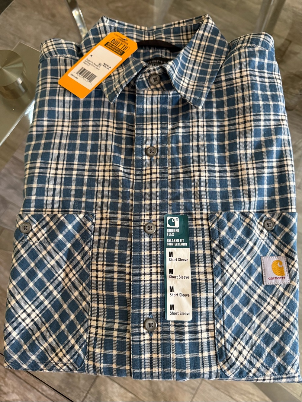 Carhartt Men’s Blue and White Plaid Short-Sleeve Button-Down Shirt - Relaxed Fit